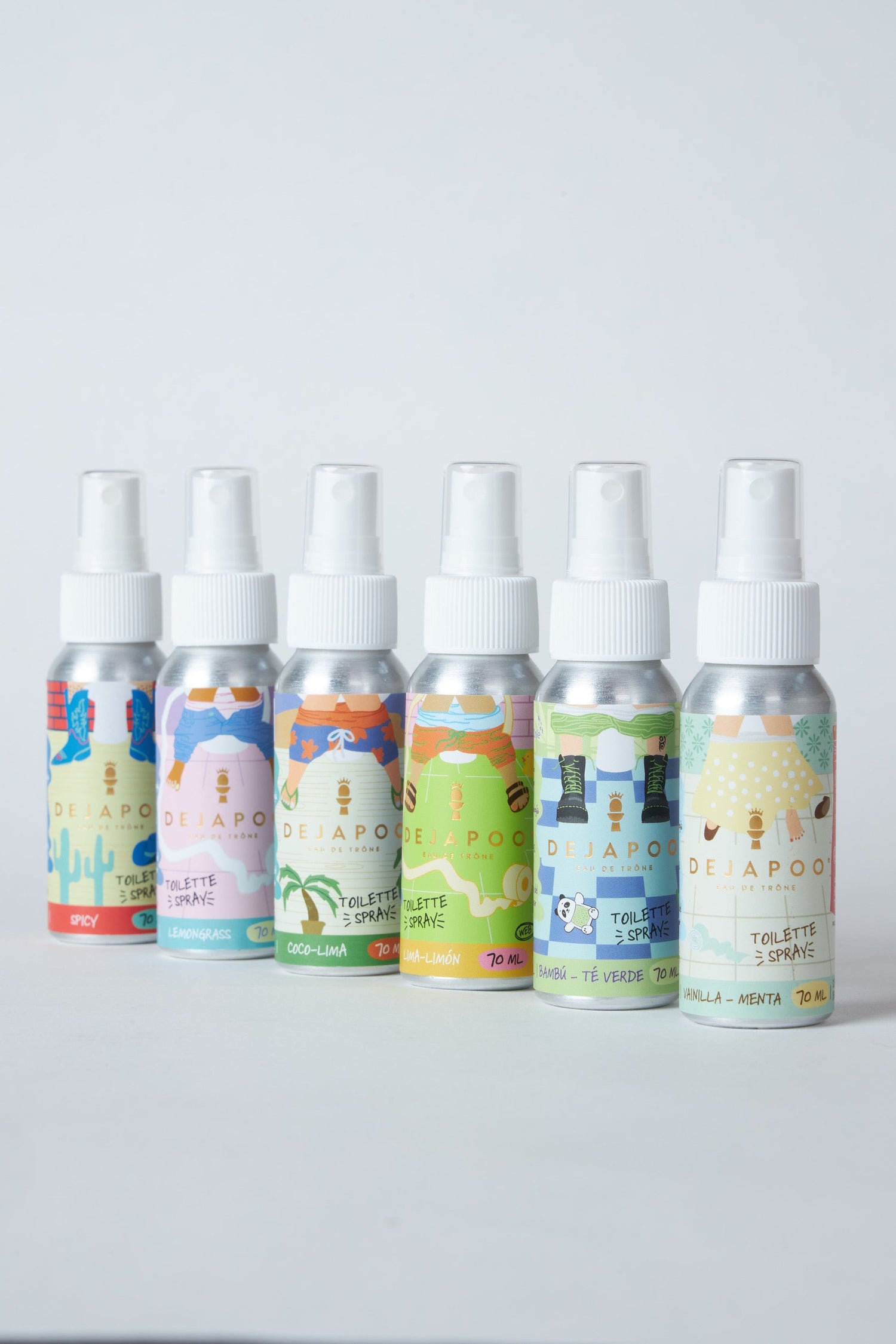 Eliminador de olores para WC Dejapoo 70 ml, aromas Lemongrass, Spicy, Coco-Lima y Lima Limón