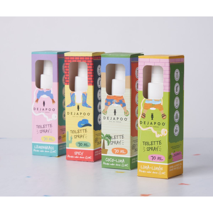 Eliminador de olores para WC Dejapoo 70 ml, aromas Lemongrass, Spicy, Coco-Lima y Lima Limón